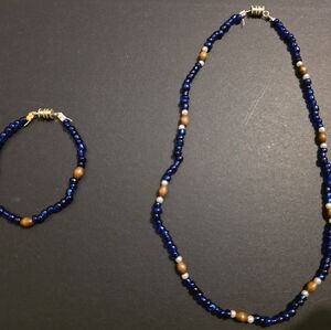 Elegant Blue and Brown Beaded Necklace and Bracelet Set